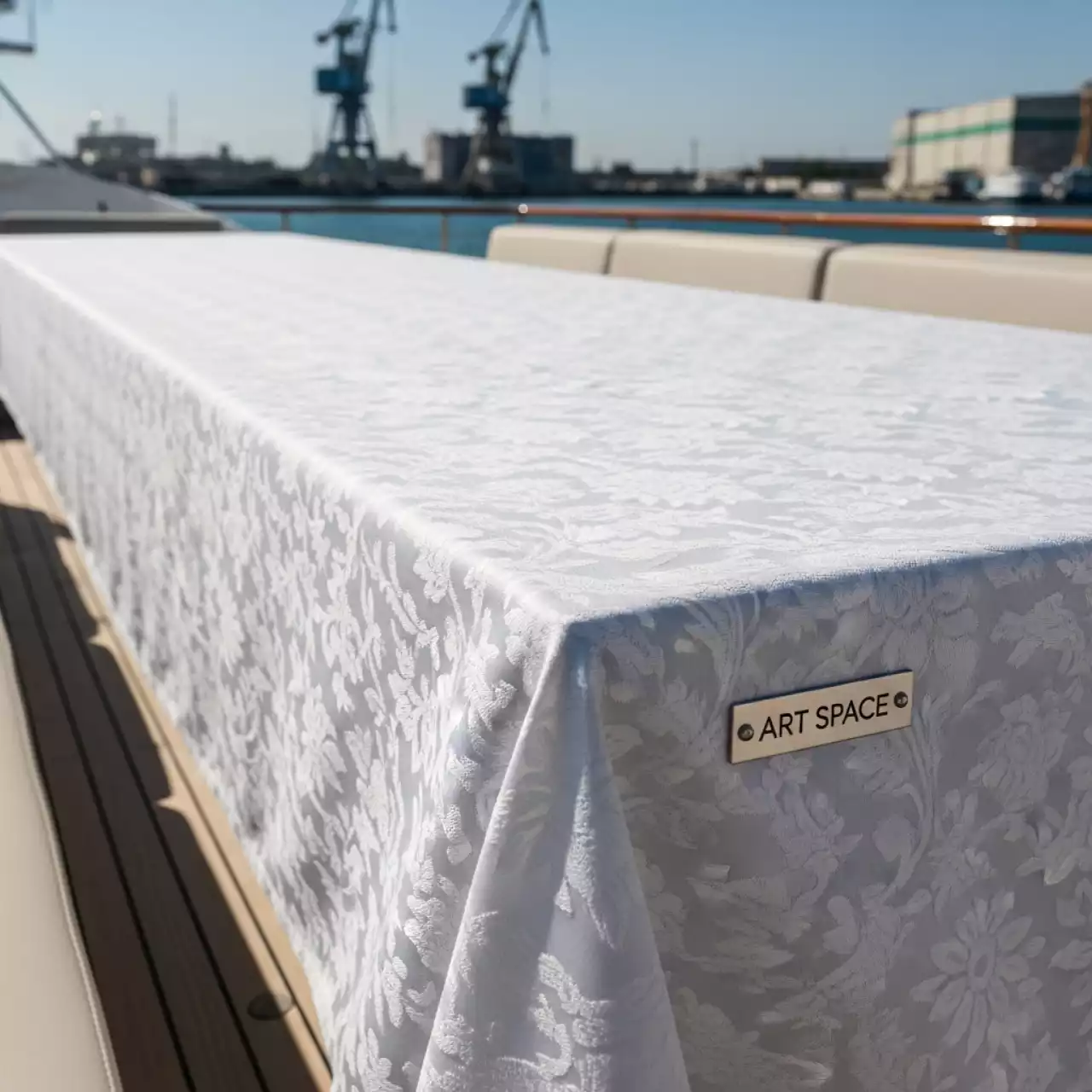 Аренда Скатерть прямоугольная белая жаккардовая на VIP теплоходе (Морпорт Сочи) — ART SPACE