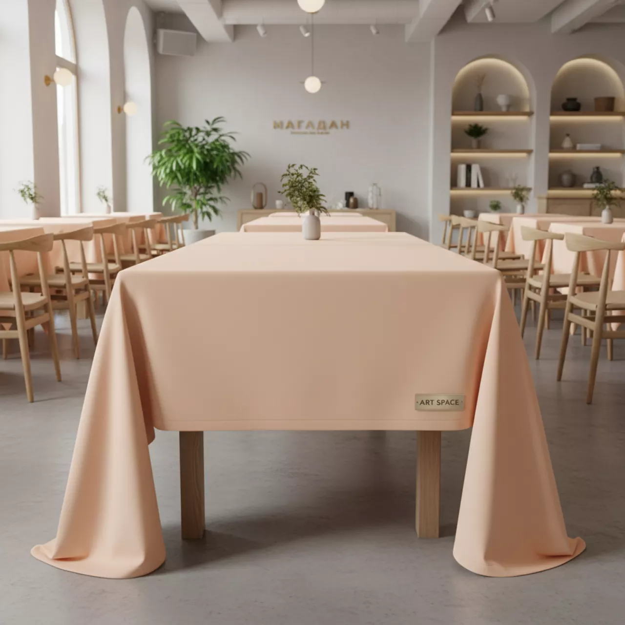 Аренда Скатерть прямоугольная габардиновая Рондо светло персиковая в ресторане «Магадан» — ART SPACE