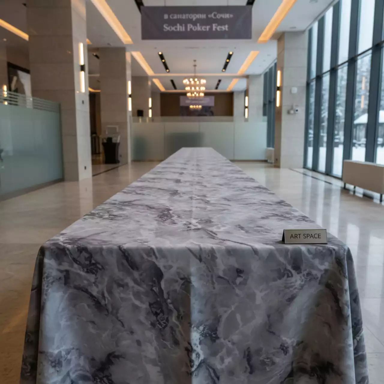 Аренда Скатерть прямоугольная Серый мрамор 3300х2500 мм в санатории «Сочи» — ART SPACE