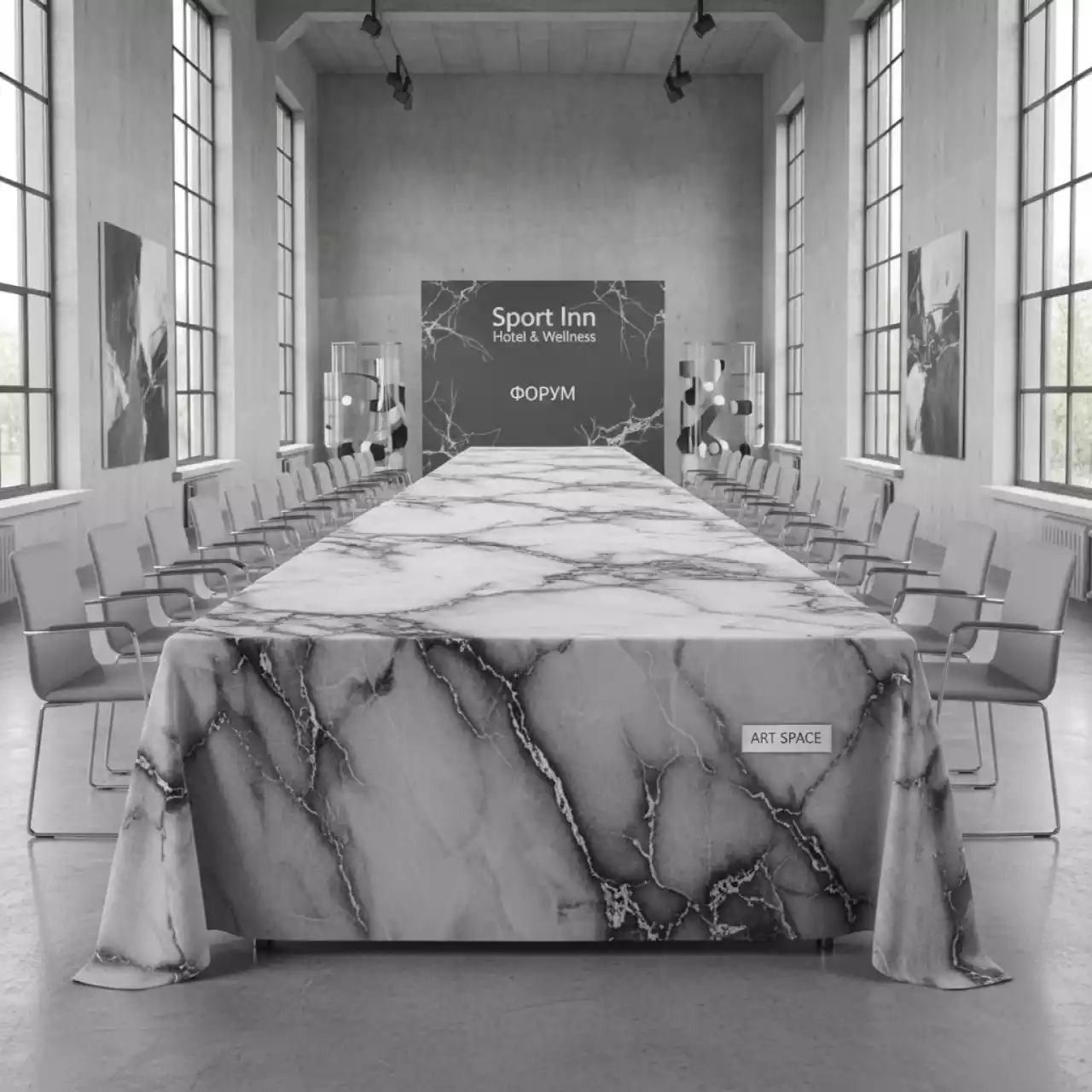 Аренда Скатерть прямоугольная "Серый мрамор" 3300х2500 мм в Sport Inn Hotel & Wellness — ART SPACE