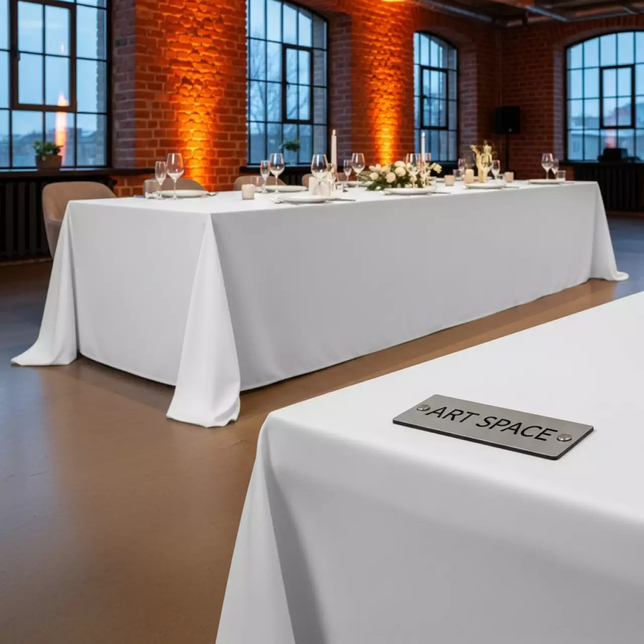 Аренда Скатерть прямоугольная журавинка 3200х1700 белая гладь без шва в ресторане «Паруса» — ART SPACE