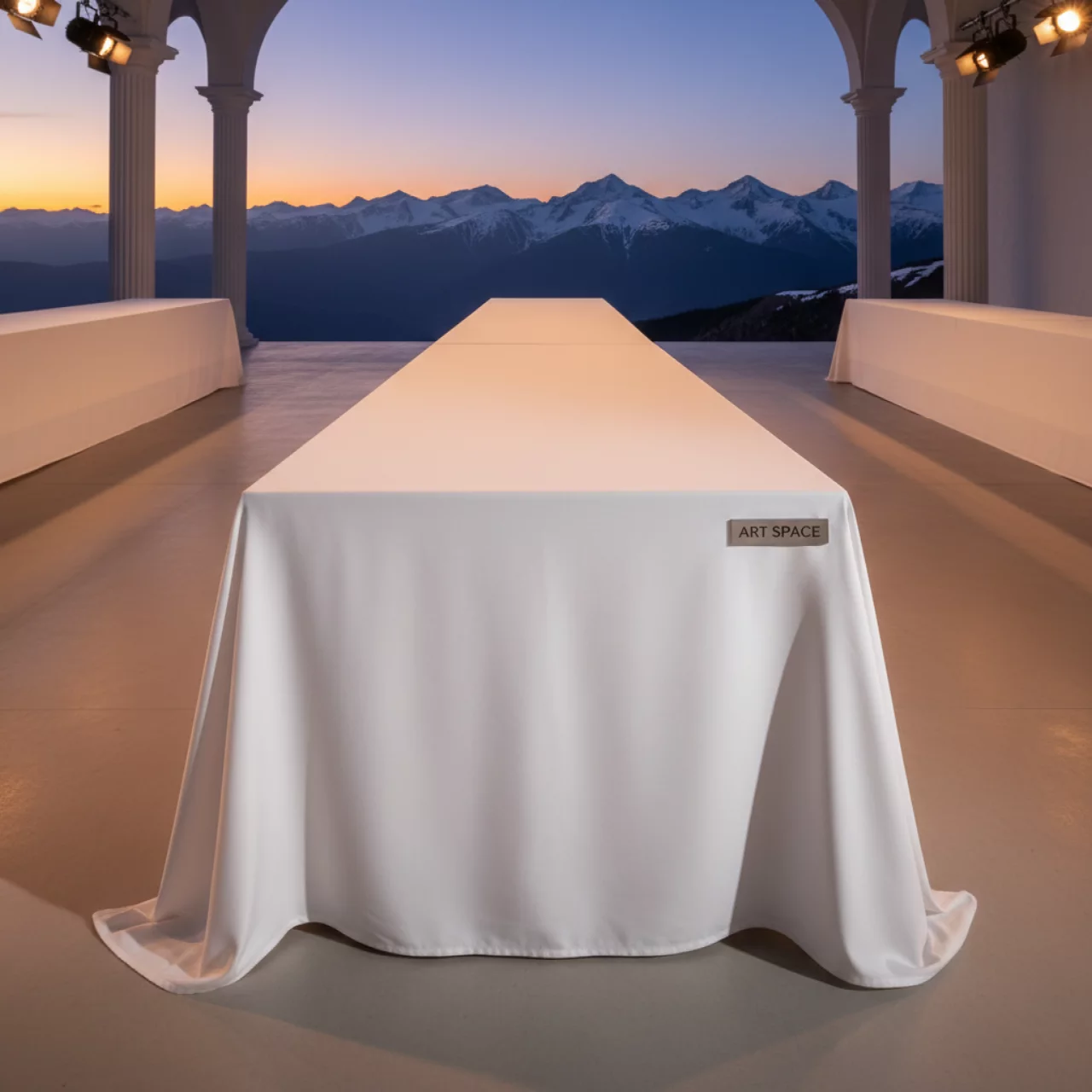Аренда Скатерть прямоугольная журавинка 320х290 в пол белая гладь без шва на площадке Rosa Peak (2320м) — ART SPACE
