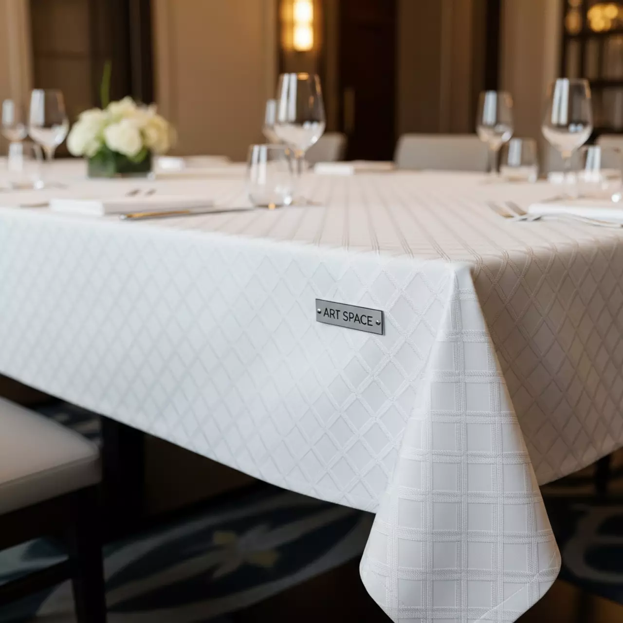 Аренда Скатерть прямоугольная журавинка 3600х1400 белый ромб 1 шов в Radisson Collection Paradise — ART SPACE