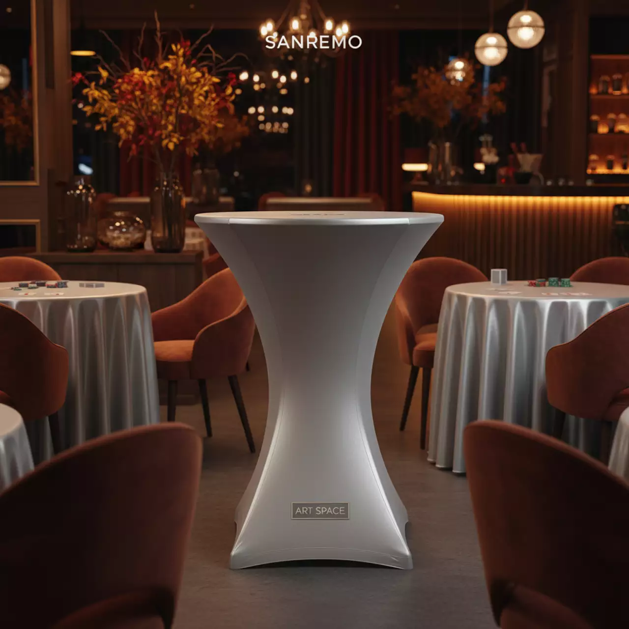 Аренда Скатерть стрейч D78 для коктейльного стола серебряная R4E 00331 в ресторане «Sanremo» — ART SPACE