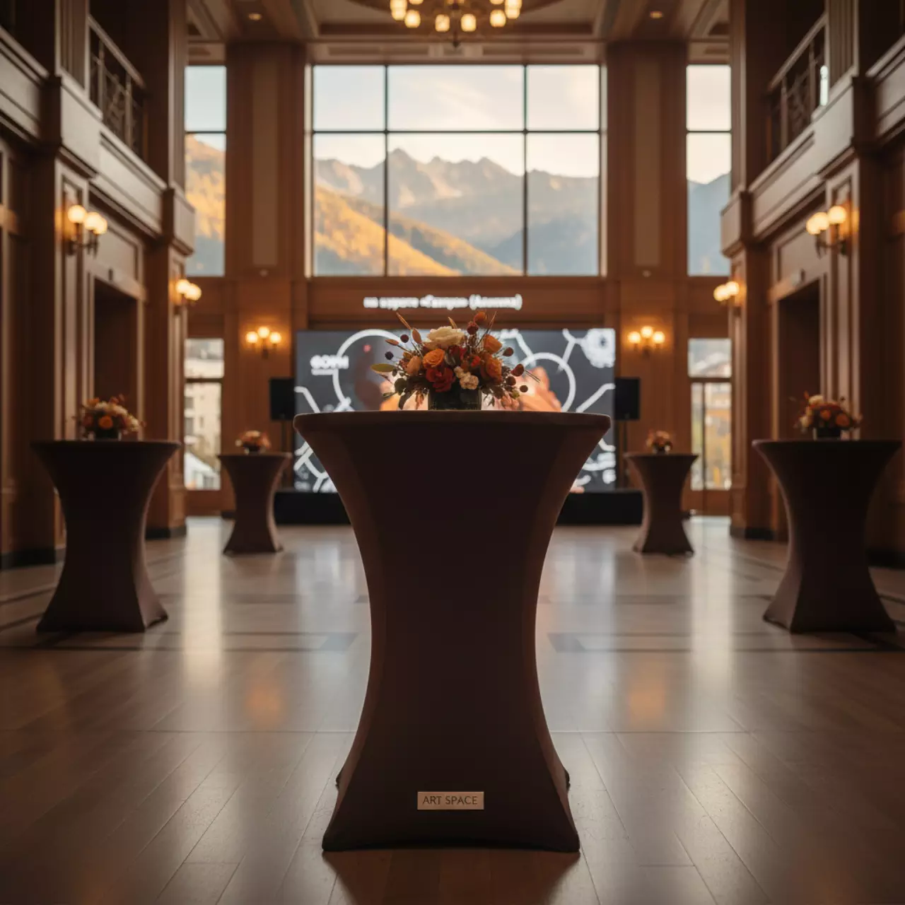 Аренда Скатерть стрейч D78 для коктейльного стола шоколадная на курорте «Газпром» (Альпика) — ART SPACE