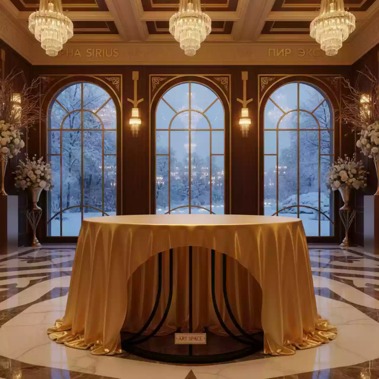 Аренда Скатерть стрейч D 78 для коктейльного стола золотая в Alpha Sirius — ART SPACE