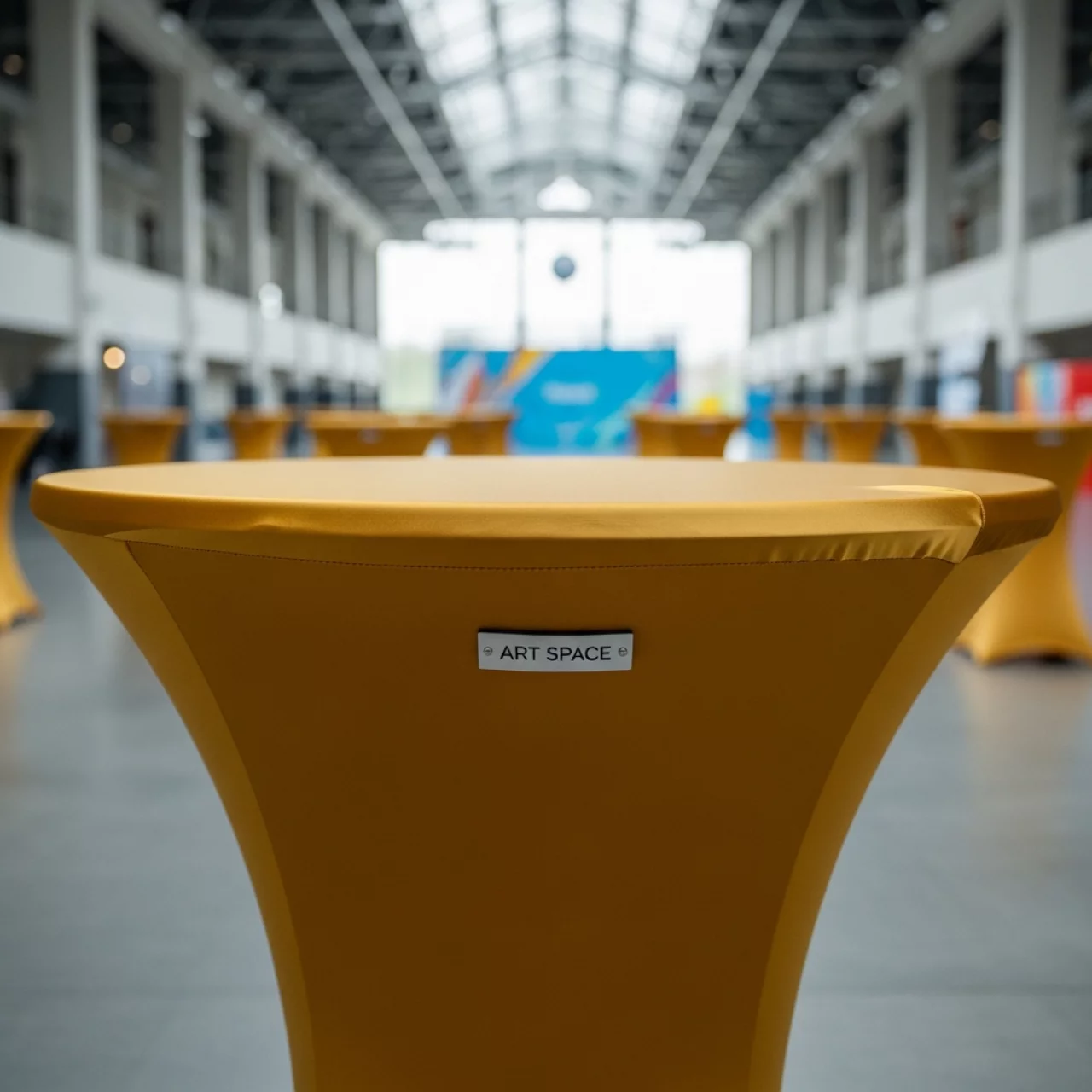 Аренда Скатерть стрейч для коктейльного стола золотая D78 в ледовом дворце «Роза Хутор» — ART SPACE