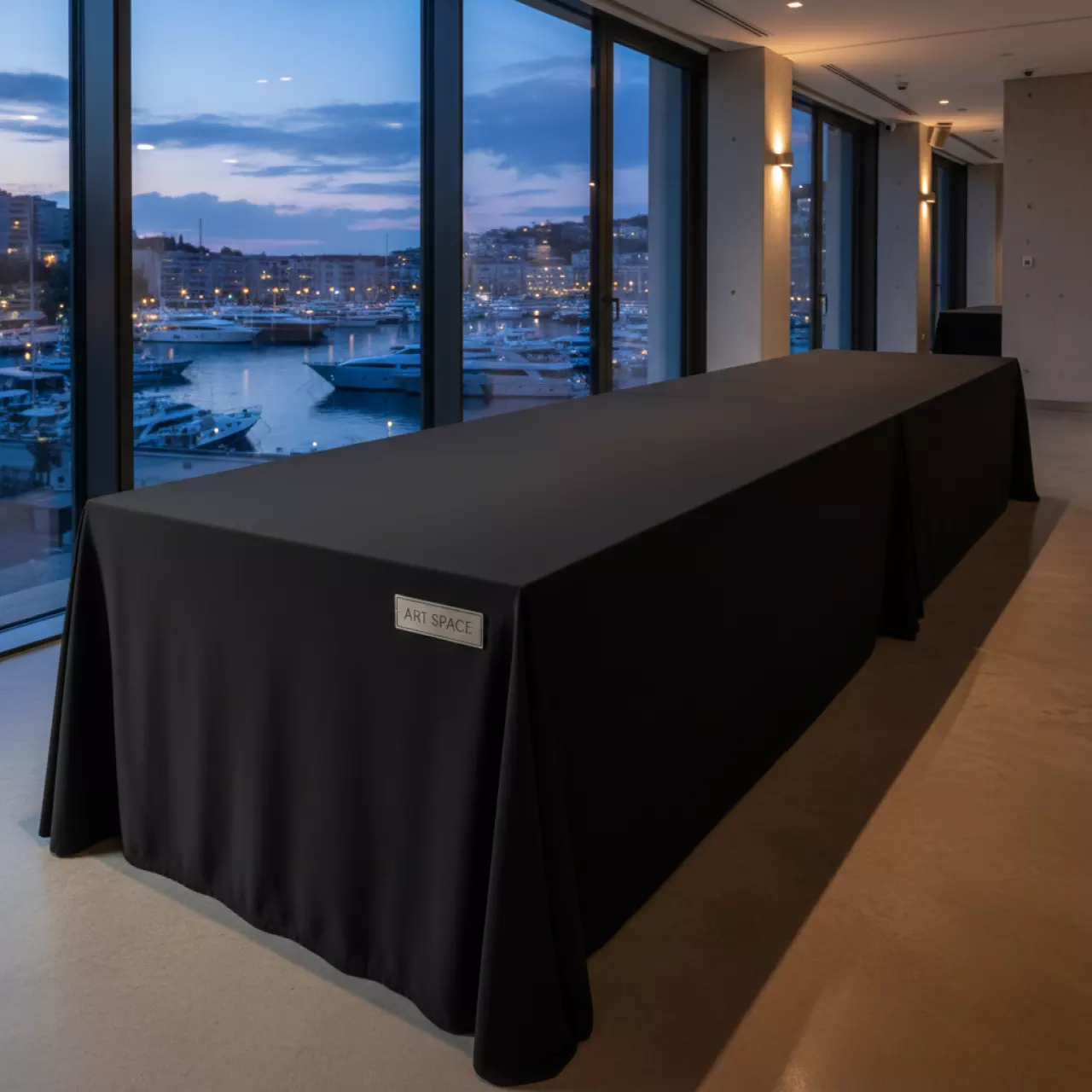 Аренда Скатерть стрейч для прямоугольного стола черная в зале «Чайка» (Морпорт) — ART SPACE