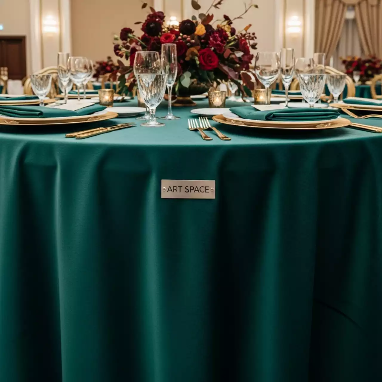 Аренда Скатерть зелено голубой бархат D 330 см в банкетном зале «Дельфин» — ART SPACE