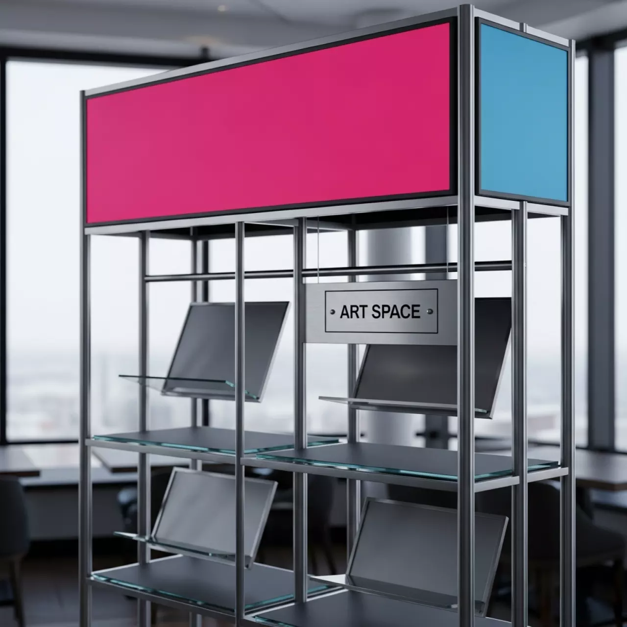 Аренда Стеллаж экспозитор с рекламной панелью в ресторане «D.O.M» — ART SPACE