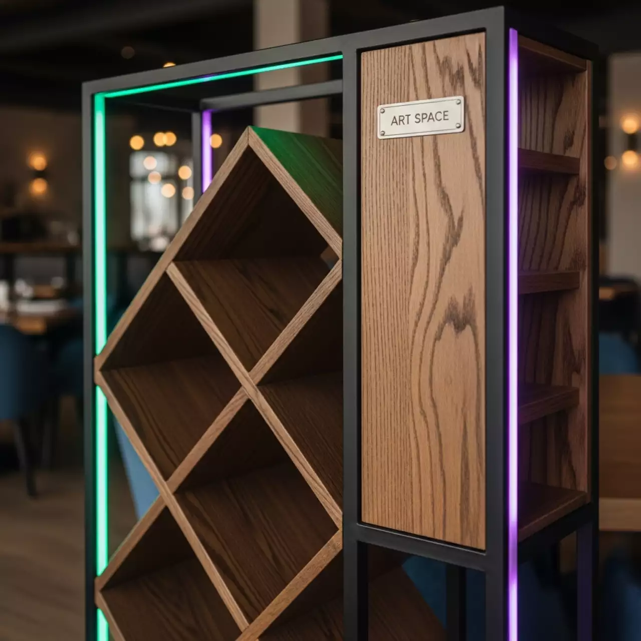 Аренда Стеллаж лофт Нила с отделением для вина массив в ресторане «Сыроварня» — ART SPACE