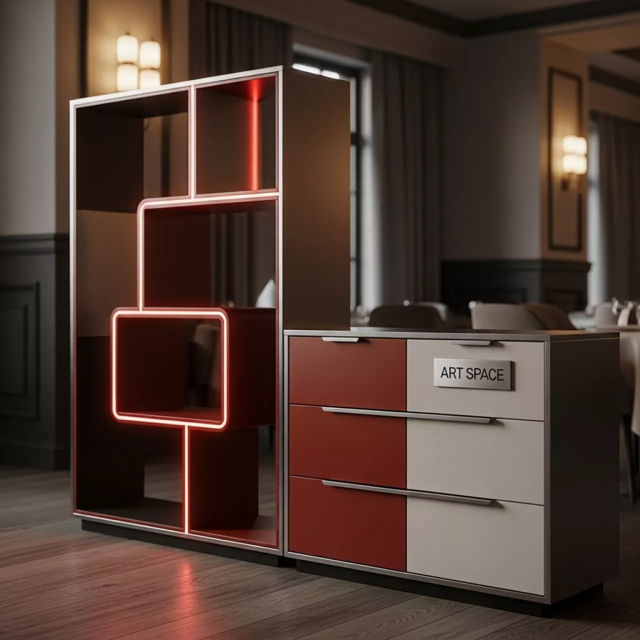 Аренда Стеллажи комоды для хранения на мероприятие в ресторане «Баран-Рапан» — ART SPACE