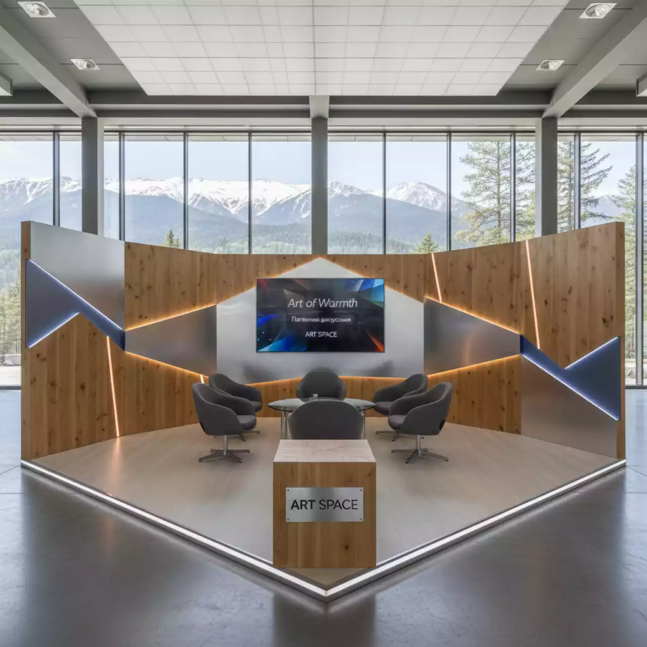 Аренда Стенд "Искусство тепла Bundex" с объемным брусом стены 3х3 м 4х3 м 1х3 м зигзаг на курорте «Газпром» (Альпика) — ART SPACE