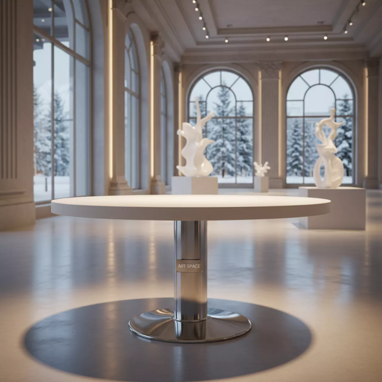 Аренда Стол банкетный Amsterdam round white chrome белого цвета на Медальной площади — ART SPACE