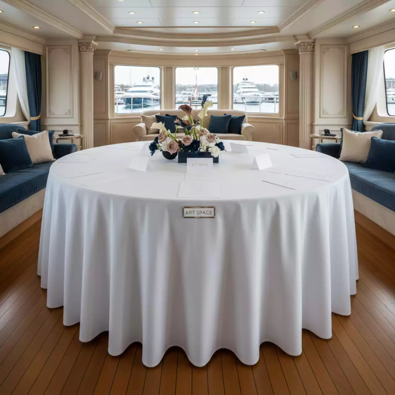 Аренда Стол банкетный D 180 см круглый с белой скатертью на VIP-яхте (Имеретинский порт) — ART SPACE