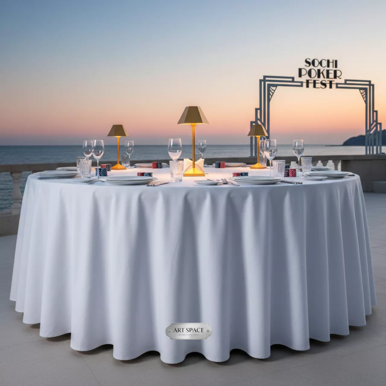 Аренда Стол банкетный D 180 см с белой скатертью круглый 19 309WT на пляжных клубах Хосты — ART SPACE