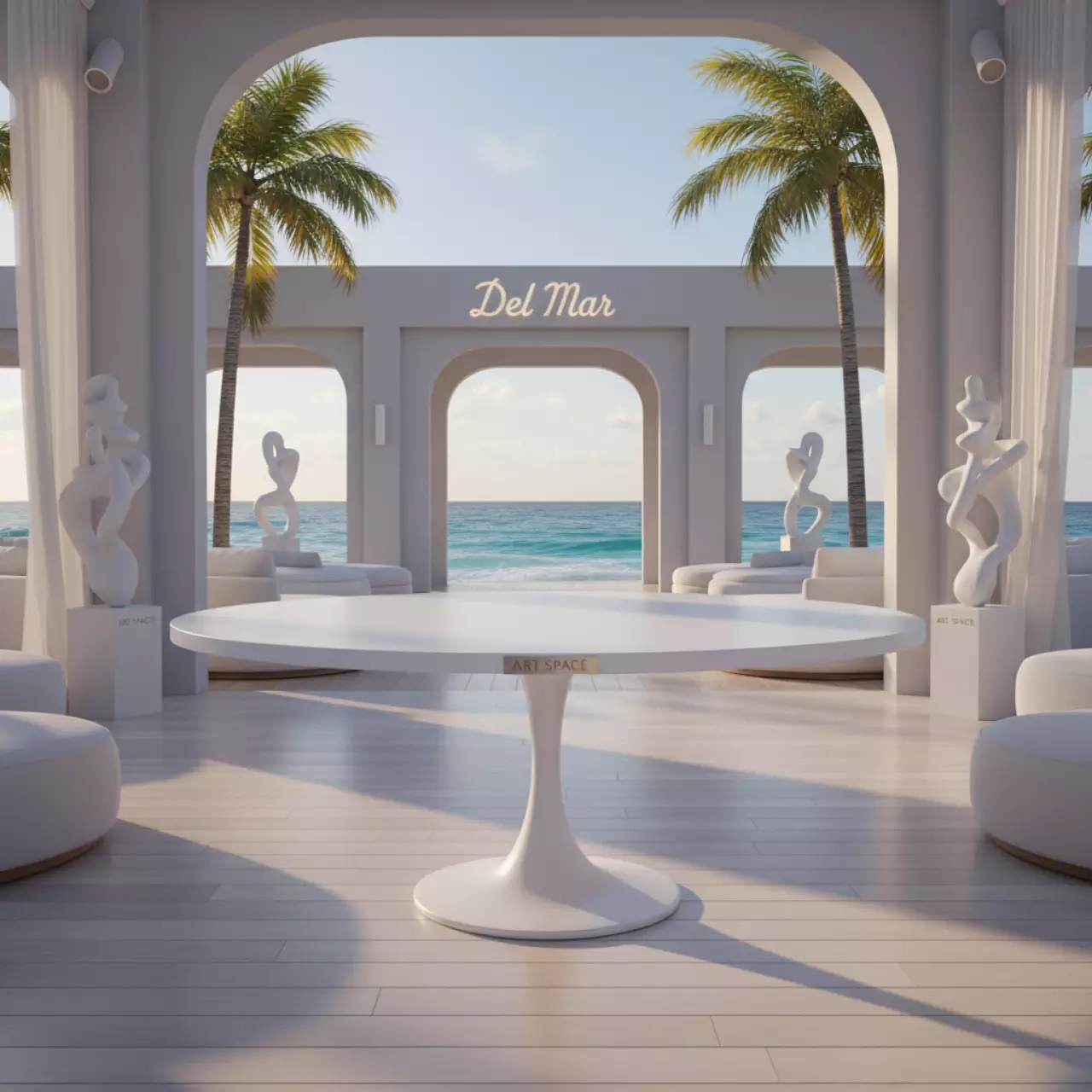 Аренда Стол банкетный Homer белый Backstage диаметр 100 см в пляжном клубе Del Mar — ART SPACE