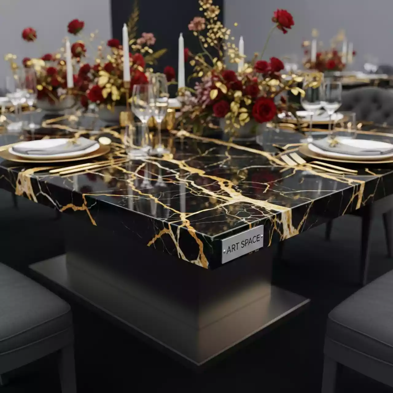Аренда Стол банкетный Redmond Black Gold мрамор на территории Морпорта Сочи — ART SPACE