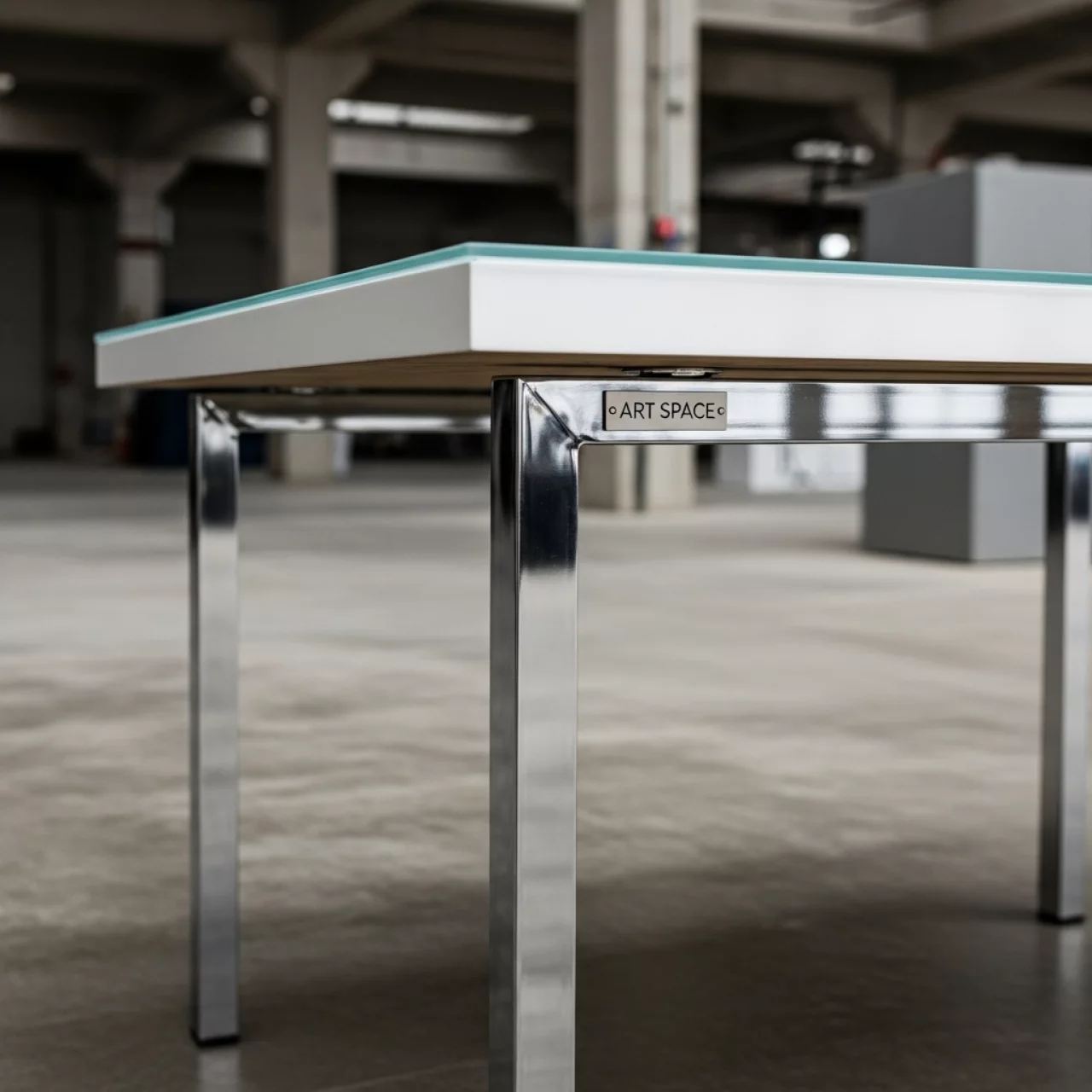 Аренда Стол Блас белое глянцевое стекло хромированные ножки в Керлинговом центре «Ледяной куб» — ART SPACE