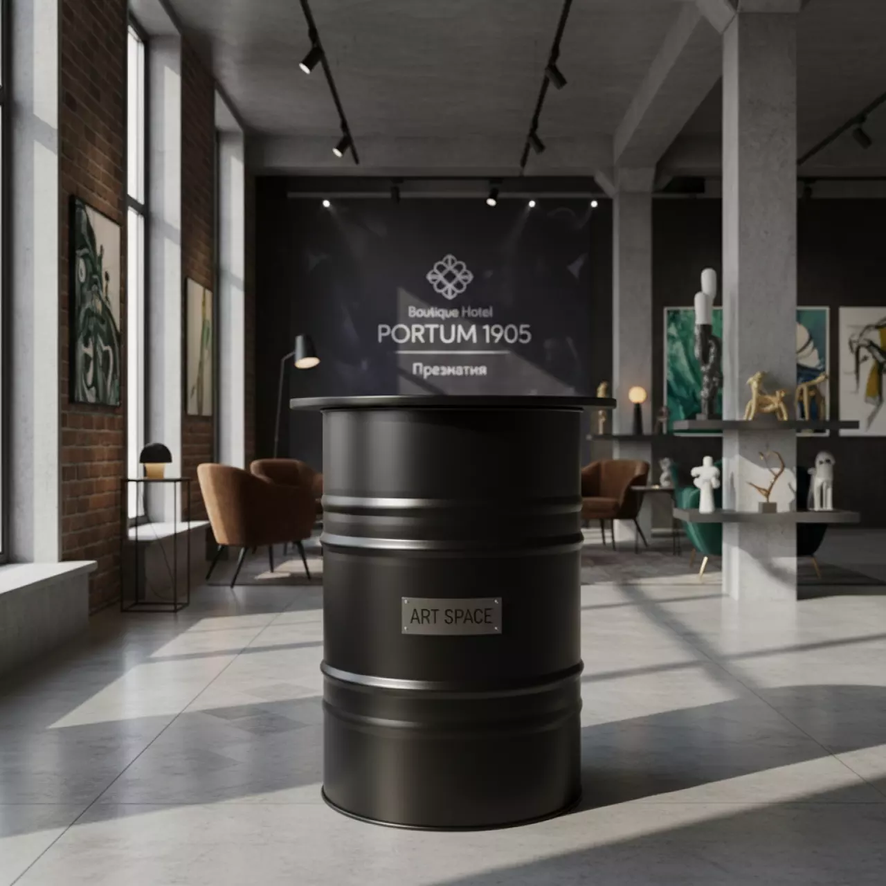 Аренда Стол бочка черный R4E 00115 в Boutique Hotel PORTUM 1905 — ART SPACE