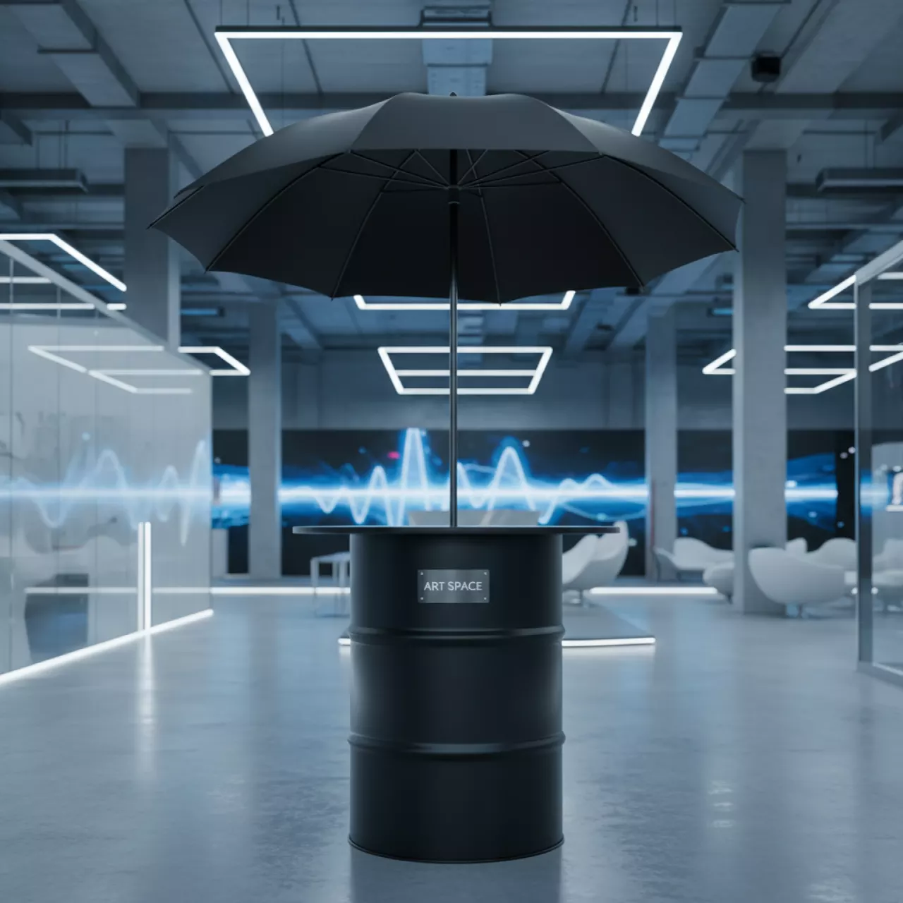 Аренда Стол бочка с черным зонтом в ледовом дворце «Роза Хутор» — ART SPACE