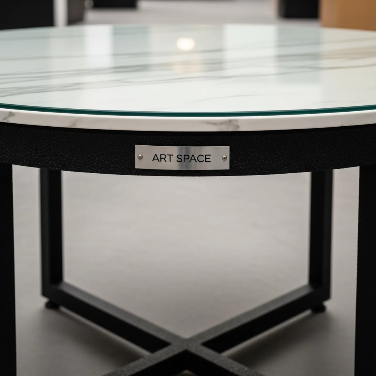 Аренда Стол Бонжур 100 белый мрамор черная шагрень стекло черный каркас в Маринс Парк Отеле — ART SPACE