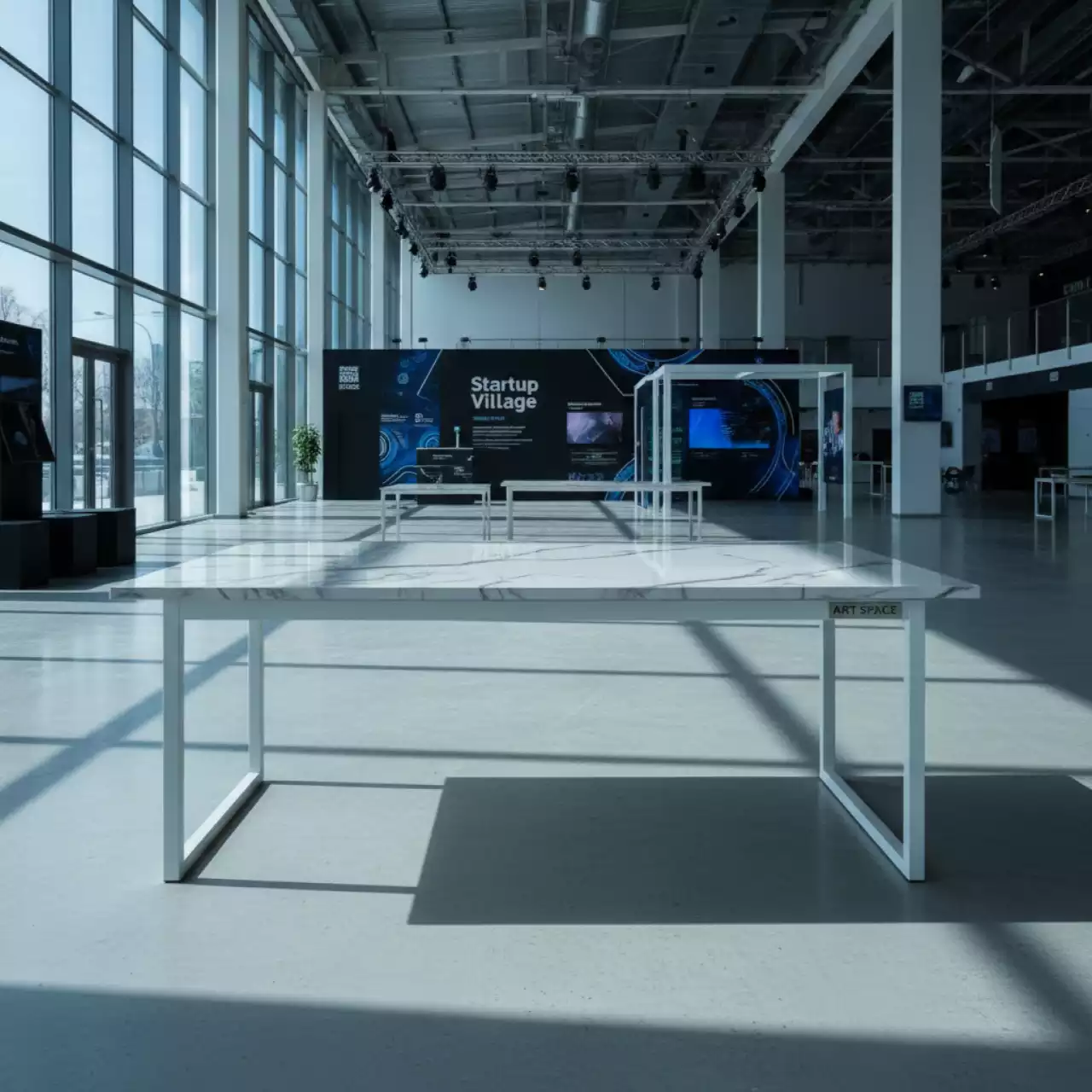 Аренда Стол Cremona 140 High Gloss Statuario глянцевый мрамор керамика белый каркас в Ледовом дворце «Айсберг» — ART SPACE