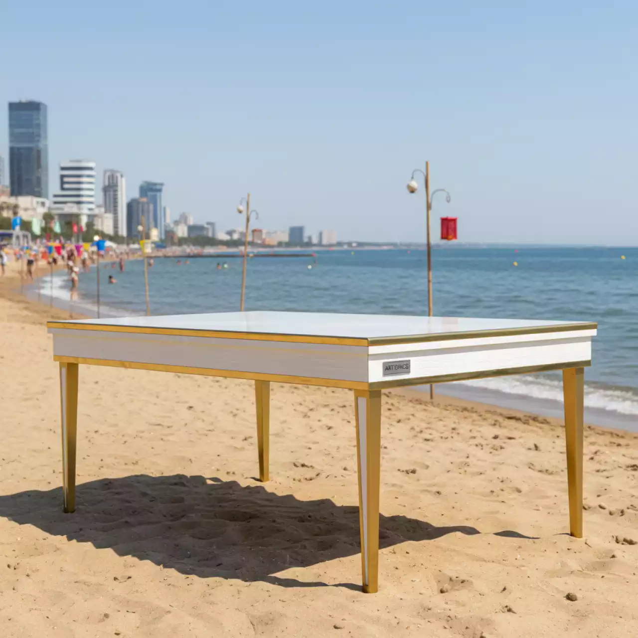 Аренда Стол деревянный Бавария B 160x90 белая пленка шагрень золото на пляже «Ривьера» — ART SPACE