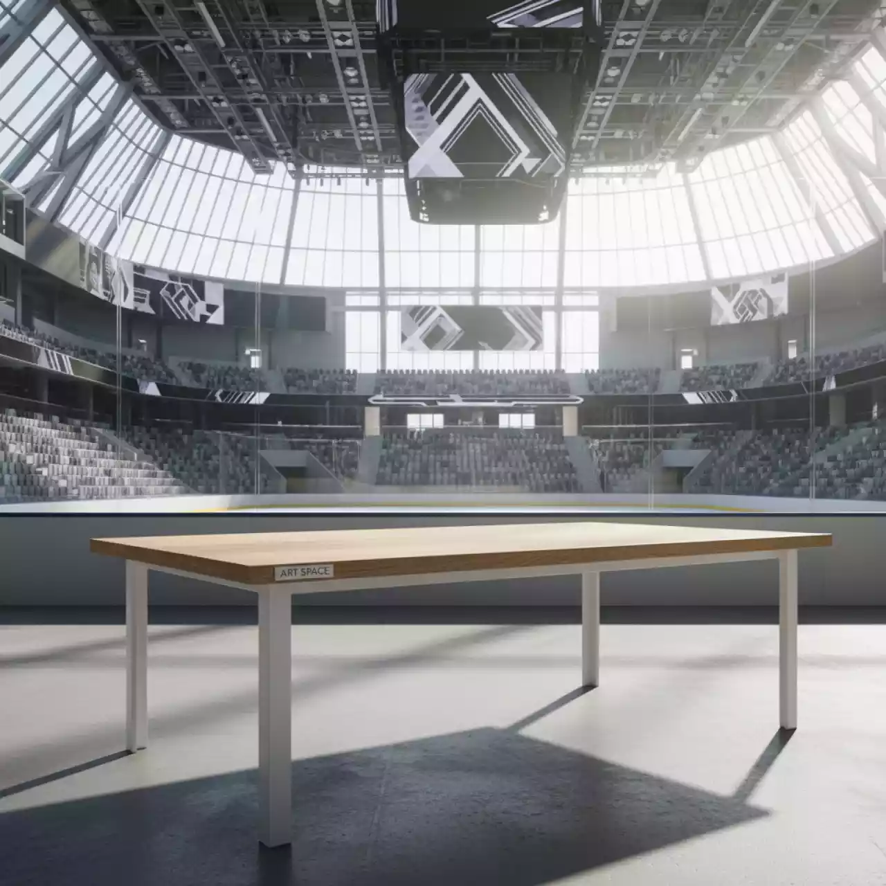 Аренда Стол деревянный Лота Лофт 120 25 мм дуб вотан белый матовый в ледовой арене «Шайба» — ART SPACE