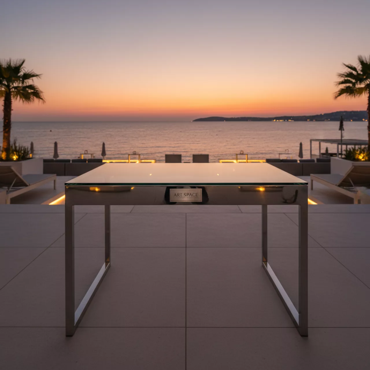 Аренда Стол Империал стальной с прозрачной столешницей 1300х650 мм H 800 мм в пляжном клубе Del Mar — ART SPACE