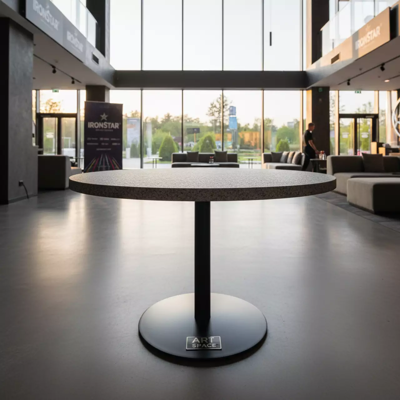 Аренда Стол интерьерный круглый Конте из HPL диаметр 90 см цвет серый гранит в Cosmos Sochi Hotel — ART SPACE