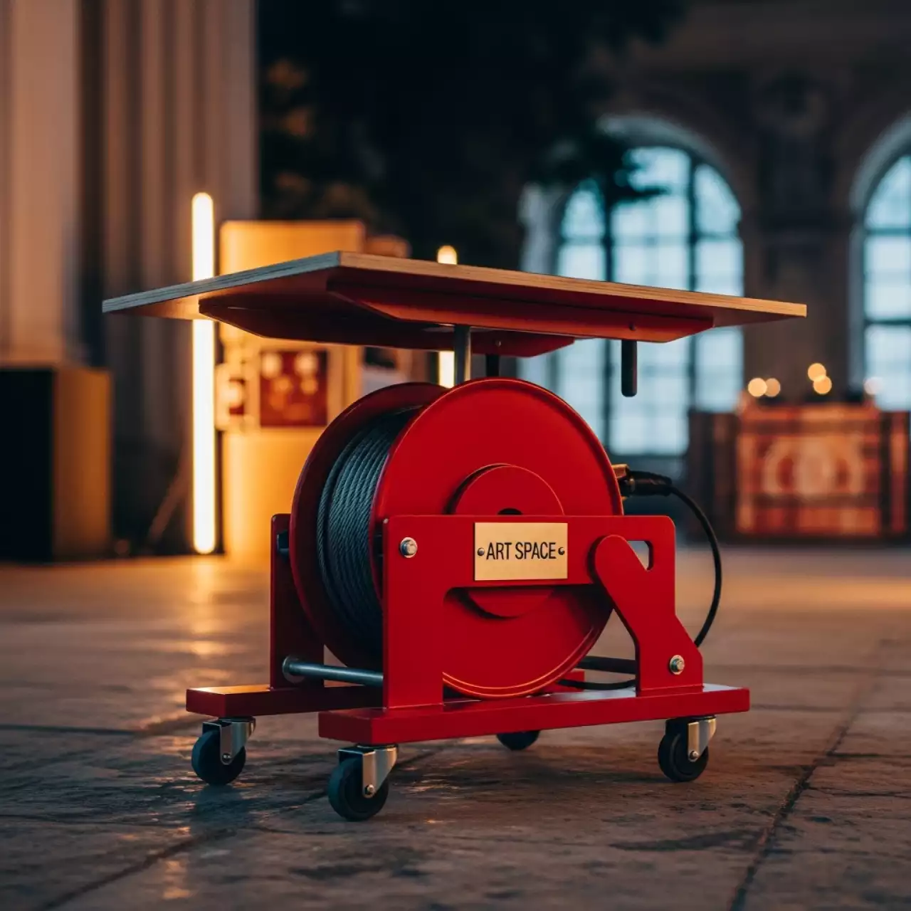 Аренда Стол катушка прокатный с красным кантом в усадьбе Голицына — ART SPACE