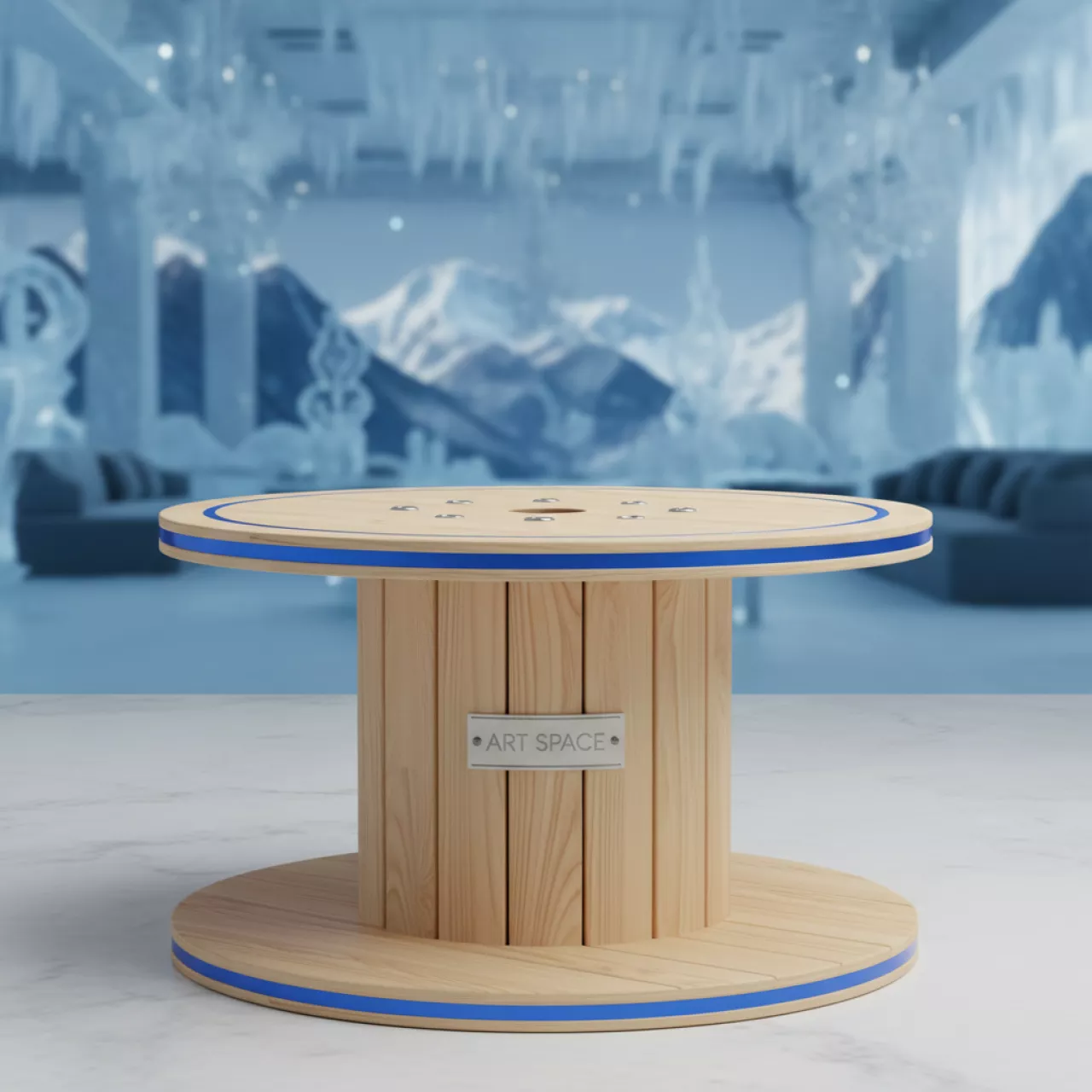 Аренда Стол Катушка с голубым кантом в ледовом дворце «Роза Хутор» — ART SPACE