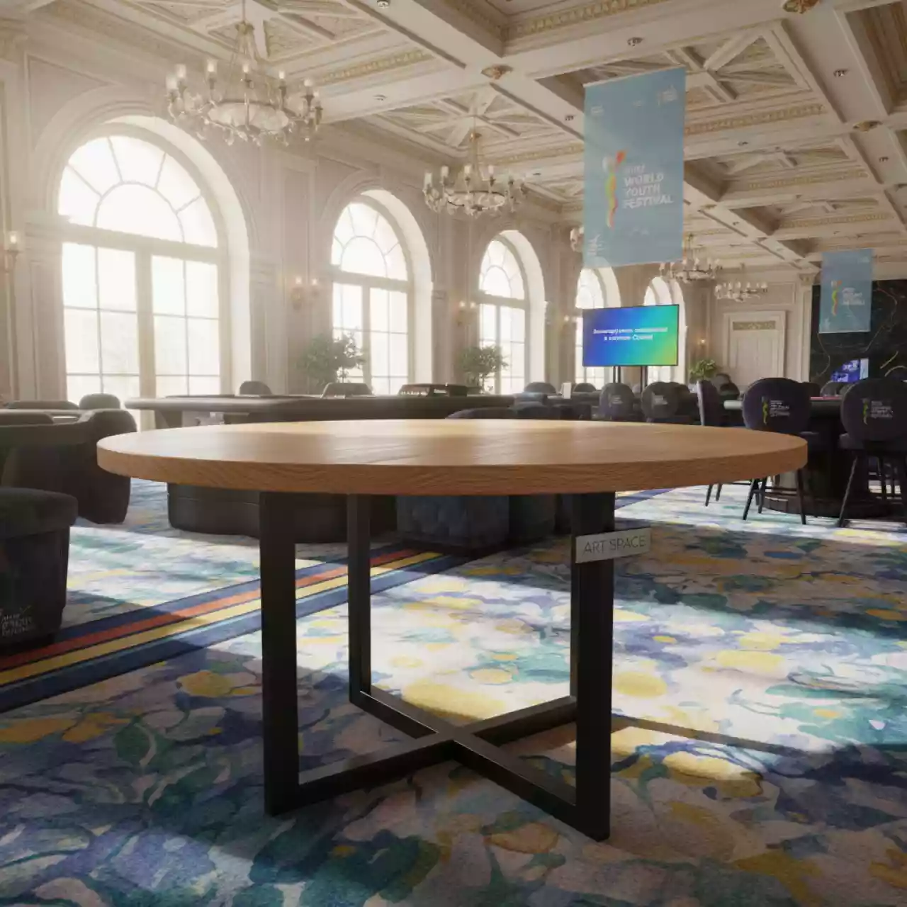 Аренда Стол Классик столешница D1130 дуб Бардолино натуральный каркас черный муар в казино «Сочи» — ART SPACE