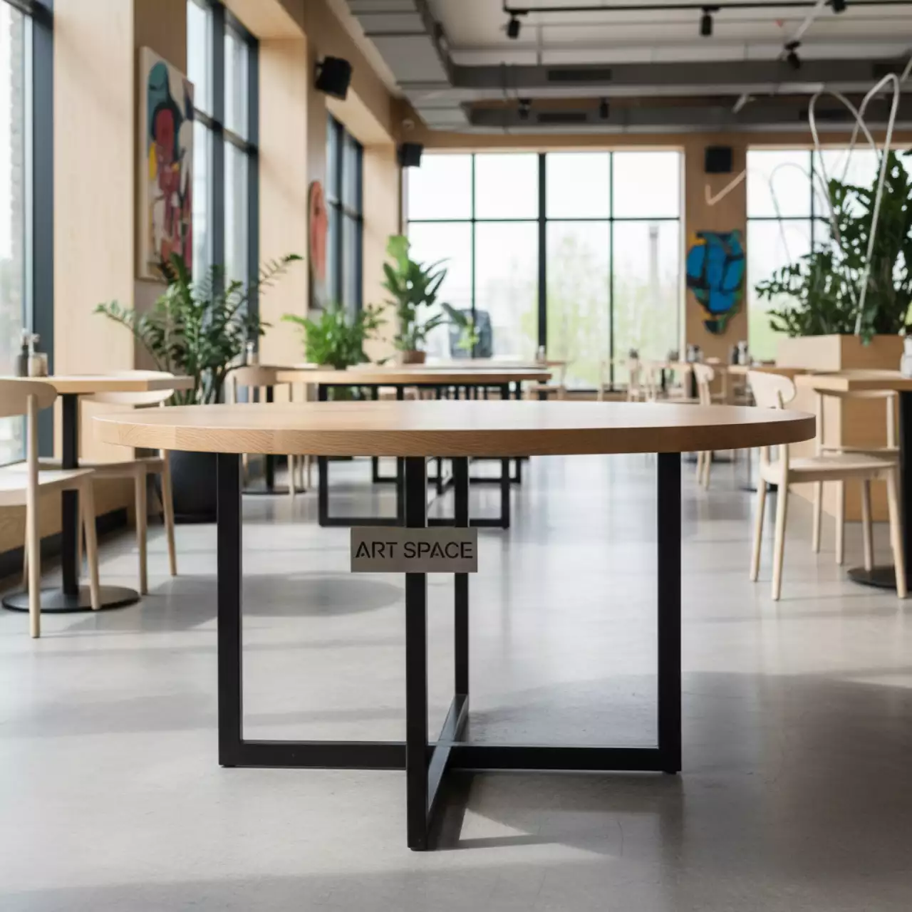 Аренда Стол Классик столешница диаметр 1130 дуб Бардолино натуральный каркас черный муар в ресторане «Паруса» — ART SPACE