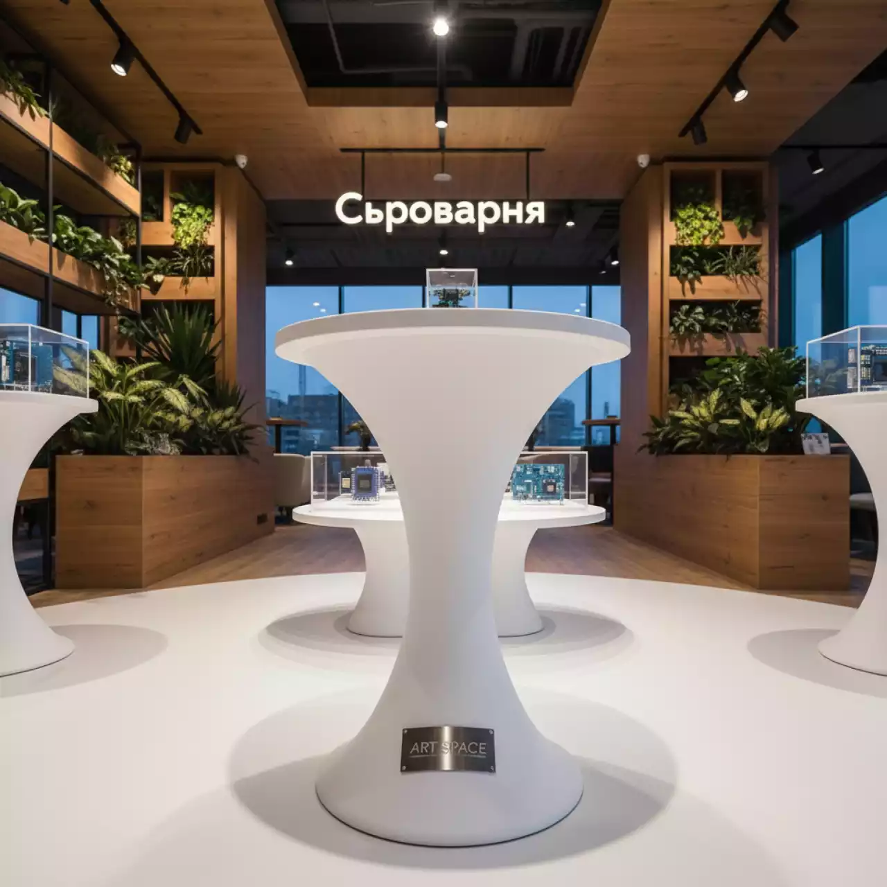 Аренда Стол коктейльный Buffet белый диаметр 60 см в ресторане «Сыроварня» — ART SPACE