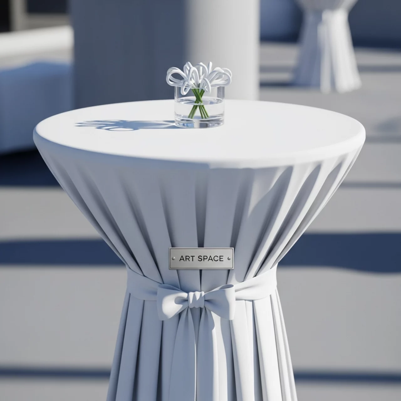 Аренда Стол коктейльный круглый с белой скатертью и бантиком 70х105 см в Omega Sirius — ART SPACE