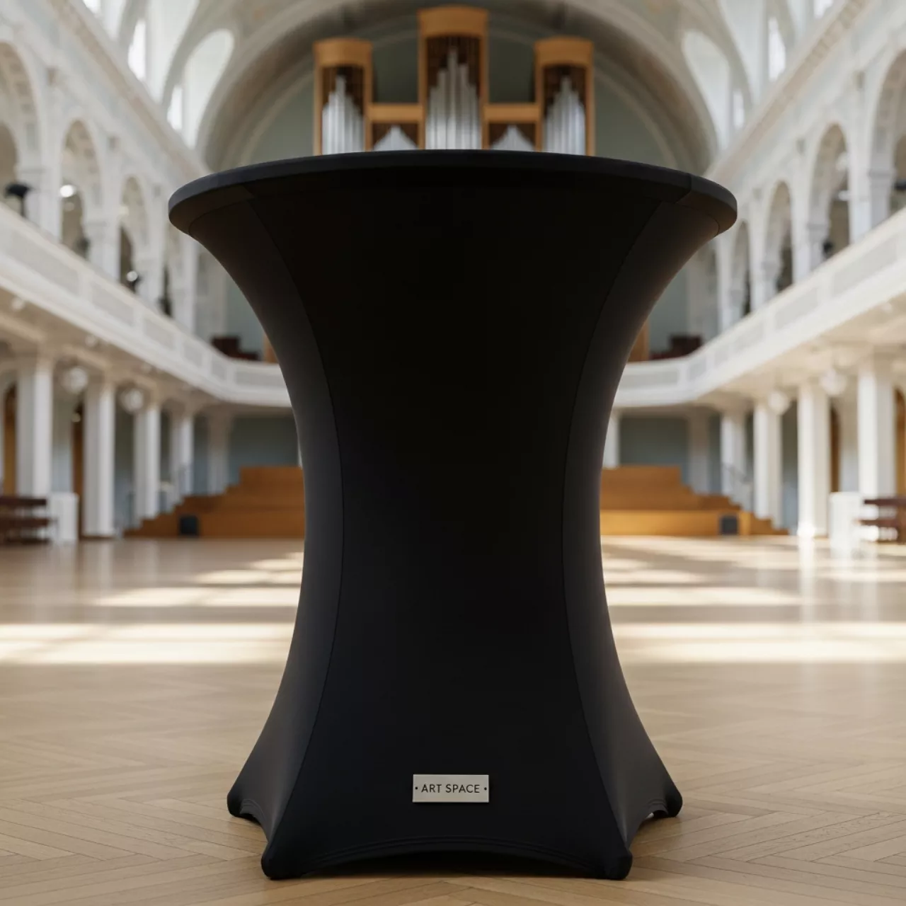 Аренда Стол коктейльный круглый с черной стрейч скатертью D 70хH 105 см 02 160BK в Зале органной и камерной музыки — ART SPACE