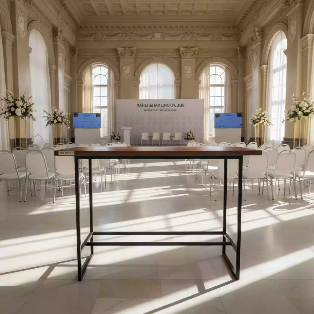 Аренда Стол коктейльный Loft темный 150х45 см в банкетном зале «Дельфин» — ART SPACE