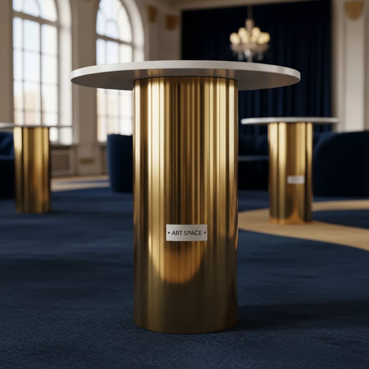 Аренда Стол коктейльный золотой с белой поверхностью Император 110 см 60 см в усадьбе Голицына — ART SPACE