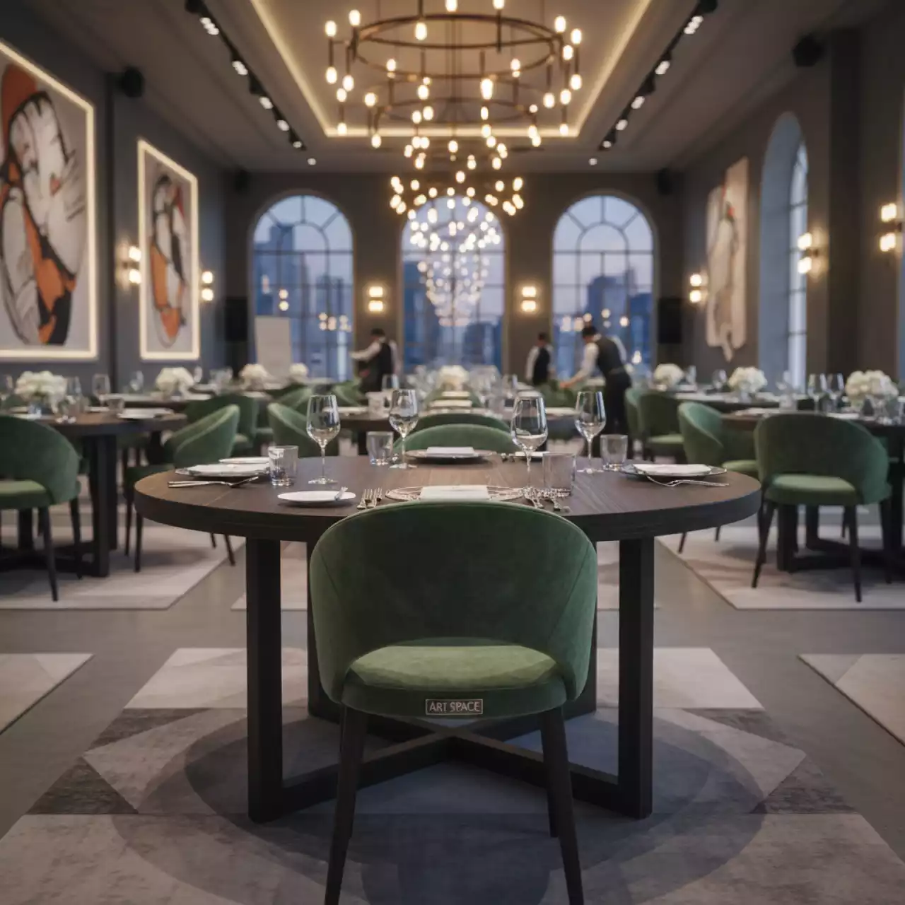 Аренда Стол круглый Арис бархат пыльно зеленый в банкетном зале «Дельфин» — ART SPACE