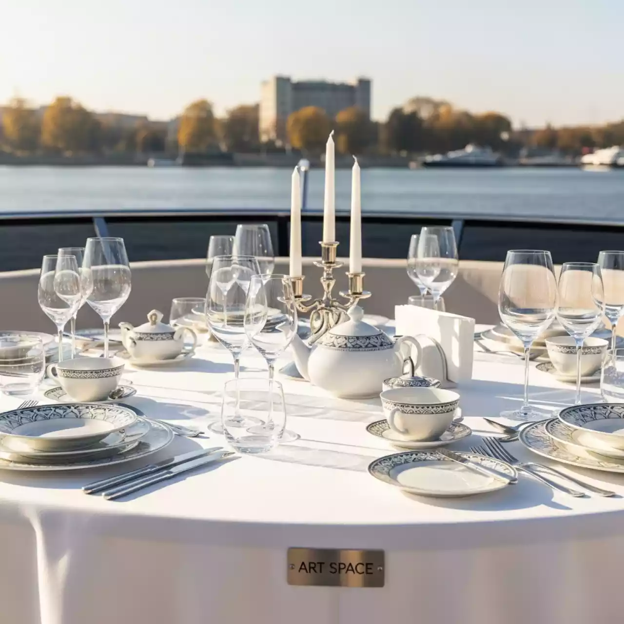 Аренда Стол круглый белоснежный с посудой на VIP-яхте (Имеретинский порт) — ART SPACE