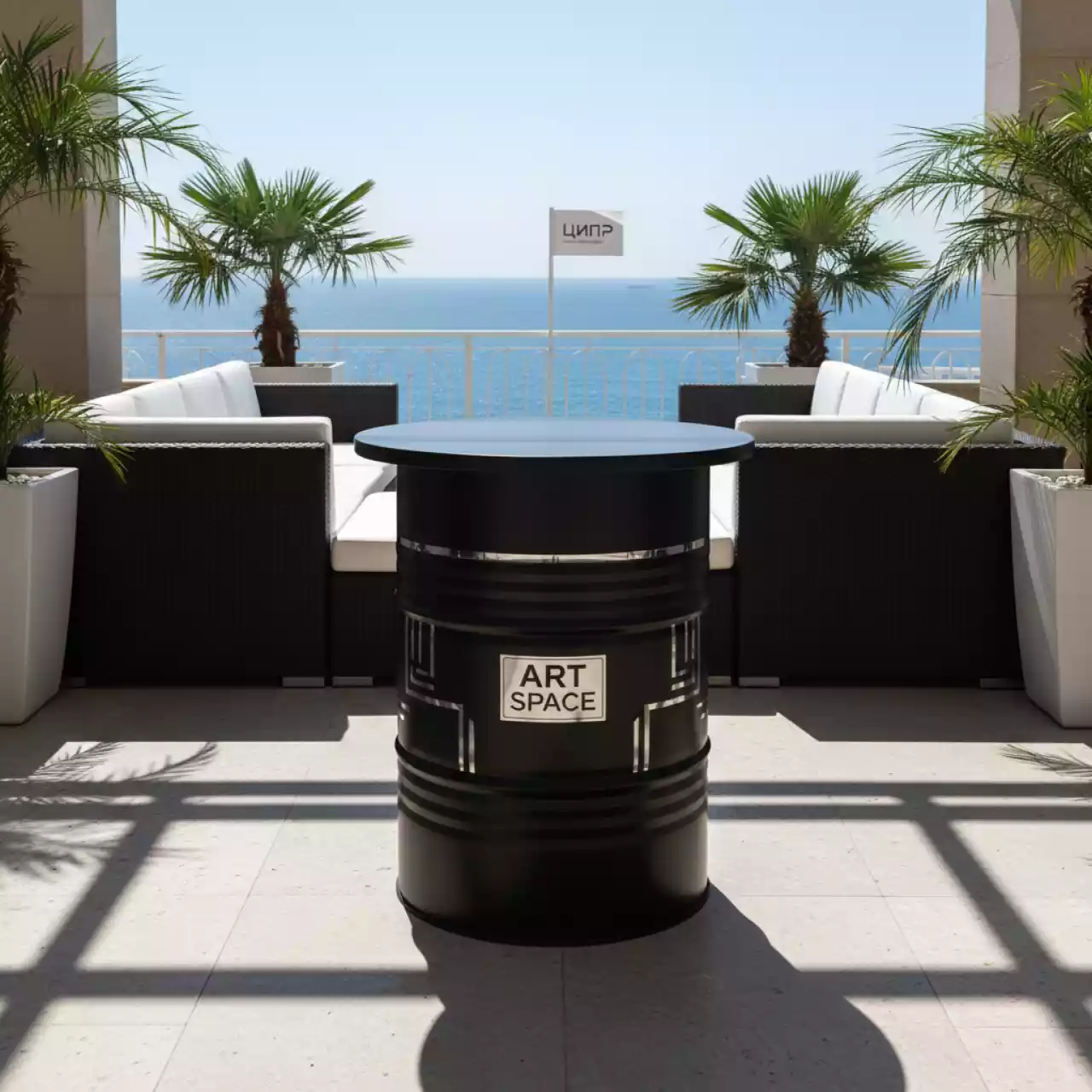 Аренда Стол круглый бочка черный диаметр 80 см в санатории «Заполярье» — ART SPACE