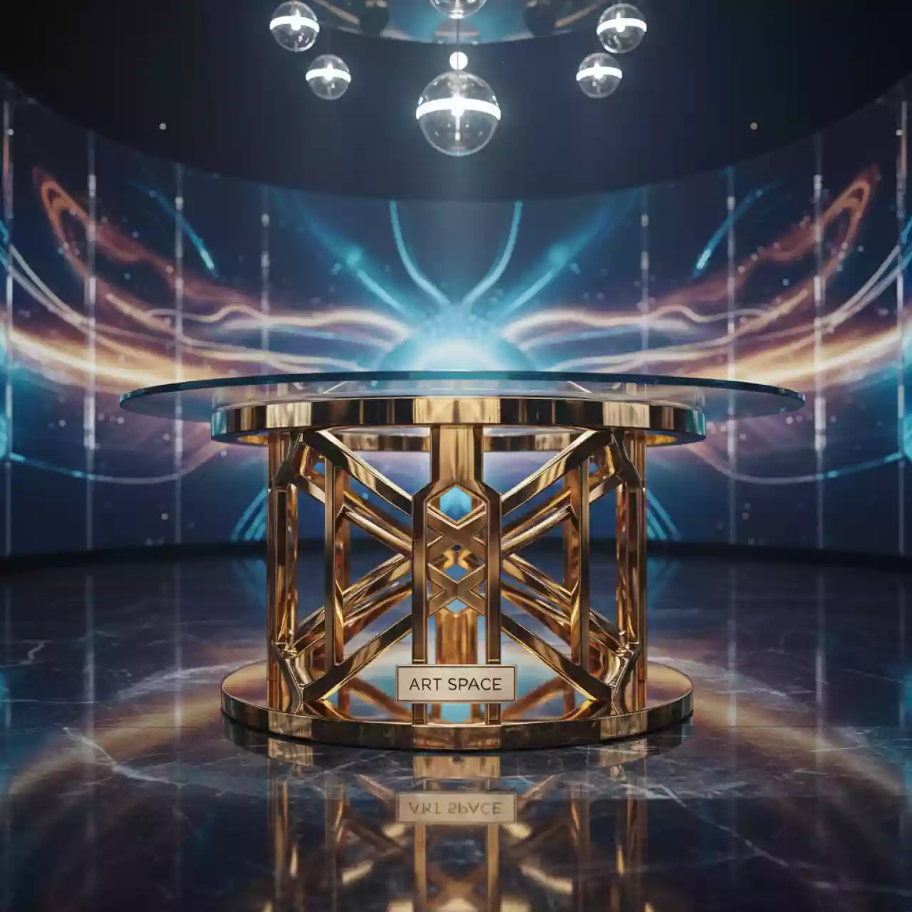 Аренда Стол круглый Корнелл золотой прозрачный в Novotel Resort — ART SPACE