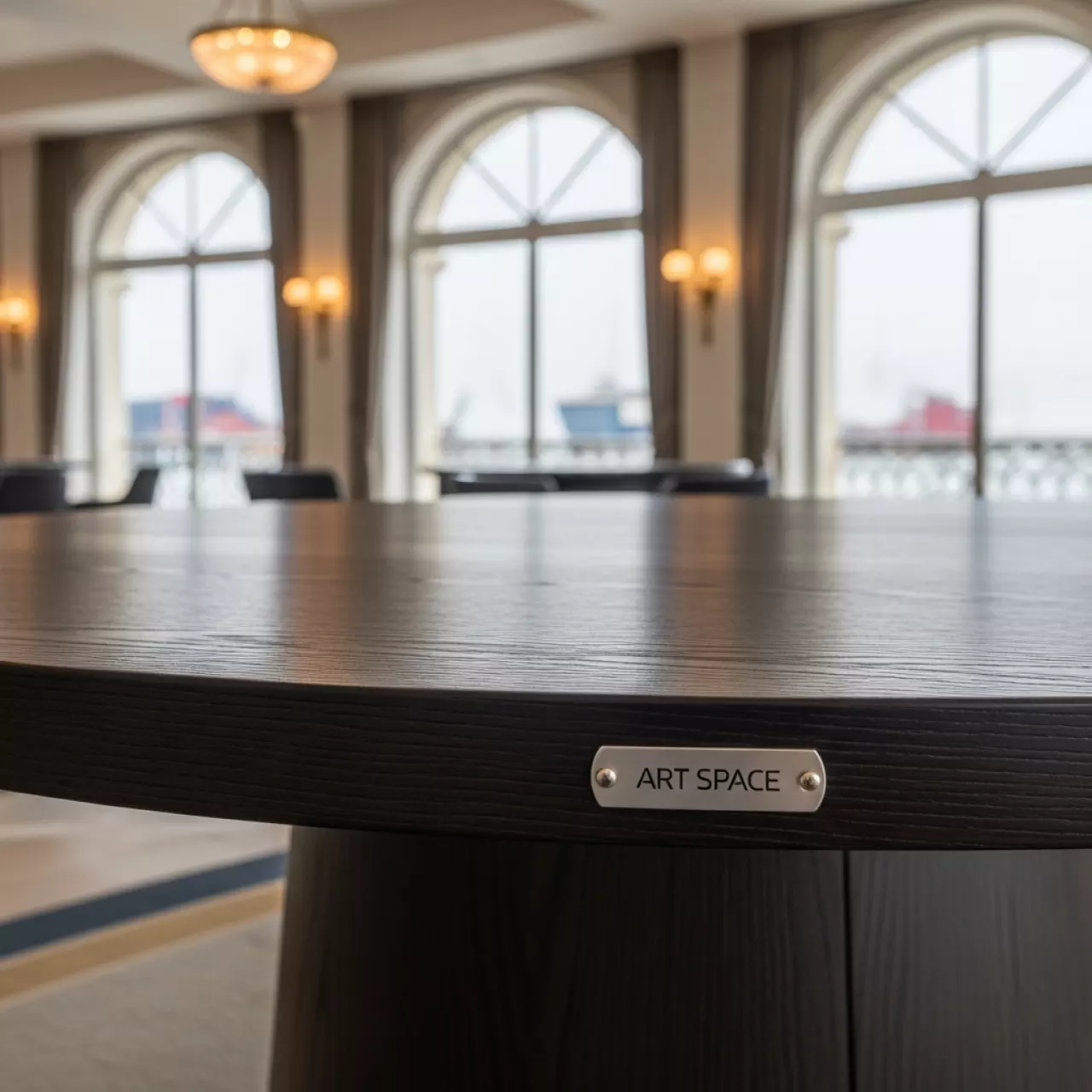 Аренда Стол круглый Милан диаметр 70 см полукруглый С профиль мореный дуб в зале «Чайка» (Морпорт) — ART SPACE