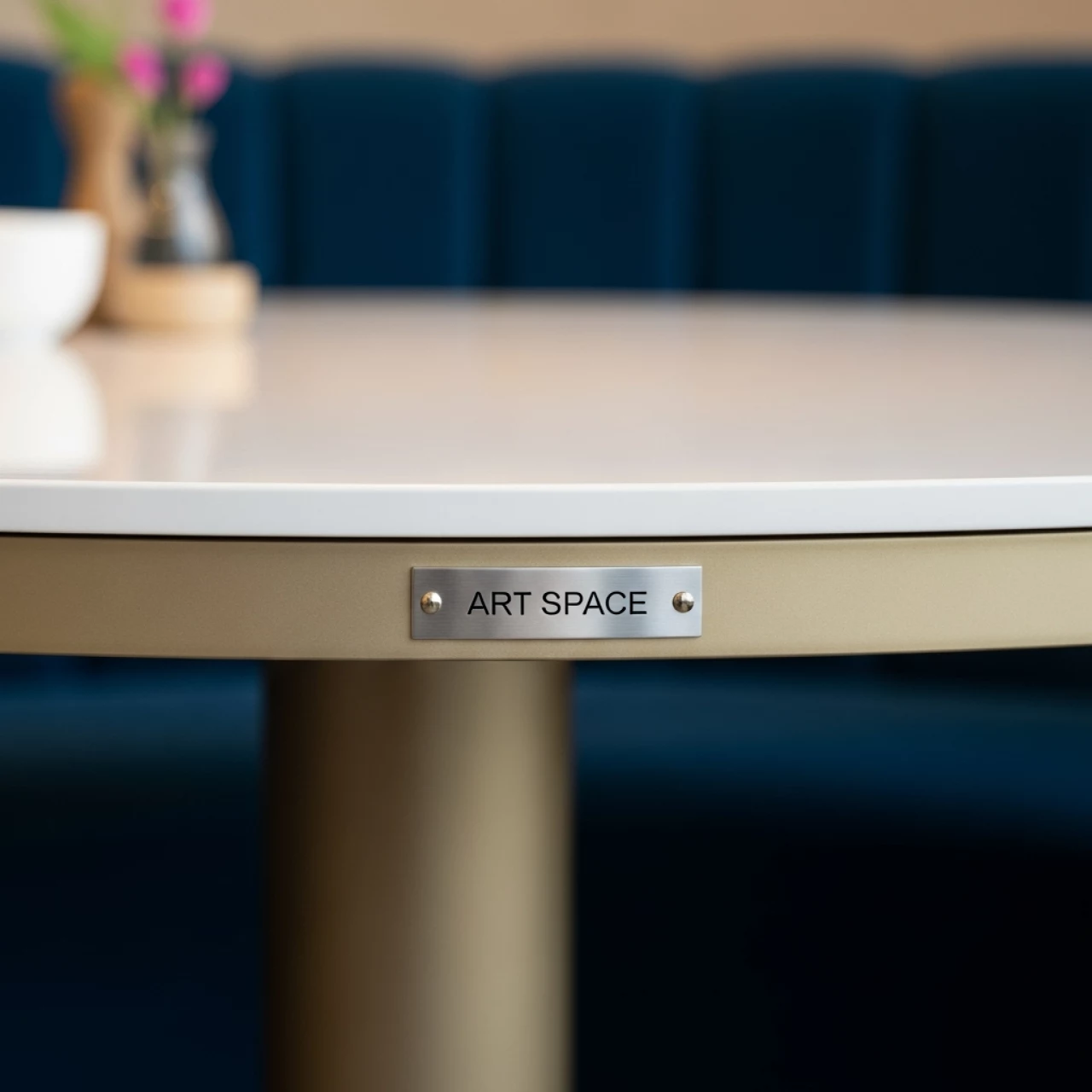 Аренда Стол круглый Миндель диаметр 100 см столешница керамика белый глянец основание металл латте в ресторане «Sanremo» — ART SPACE