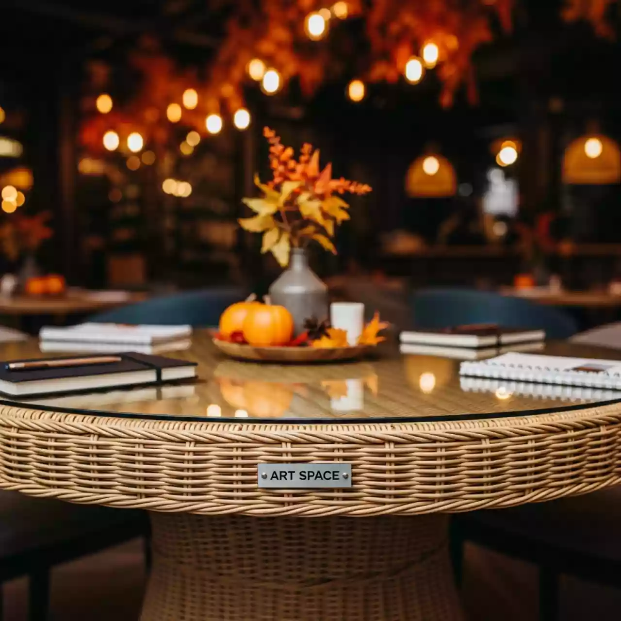 Аренда Стол круглый плетеный Эспрессо диаметр 118 см соломенный в ресторане «Сыроварня» — ART SPACE