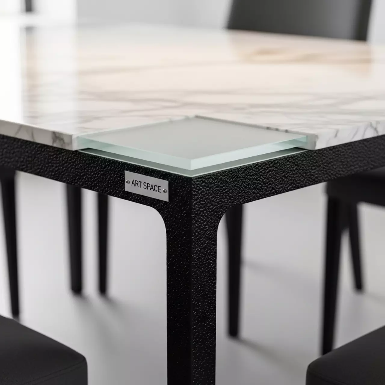 Аренда Стол Купер 160 белый мрамор черная шагрень стекло черный каркас в ресторане «Плакучая Ива» — ART SPACE