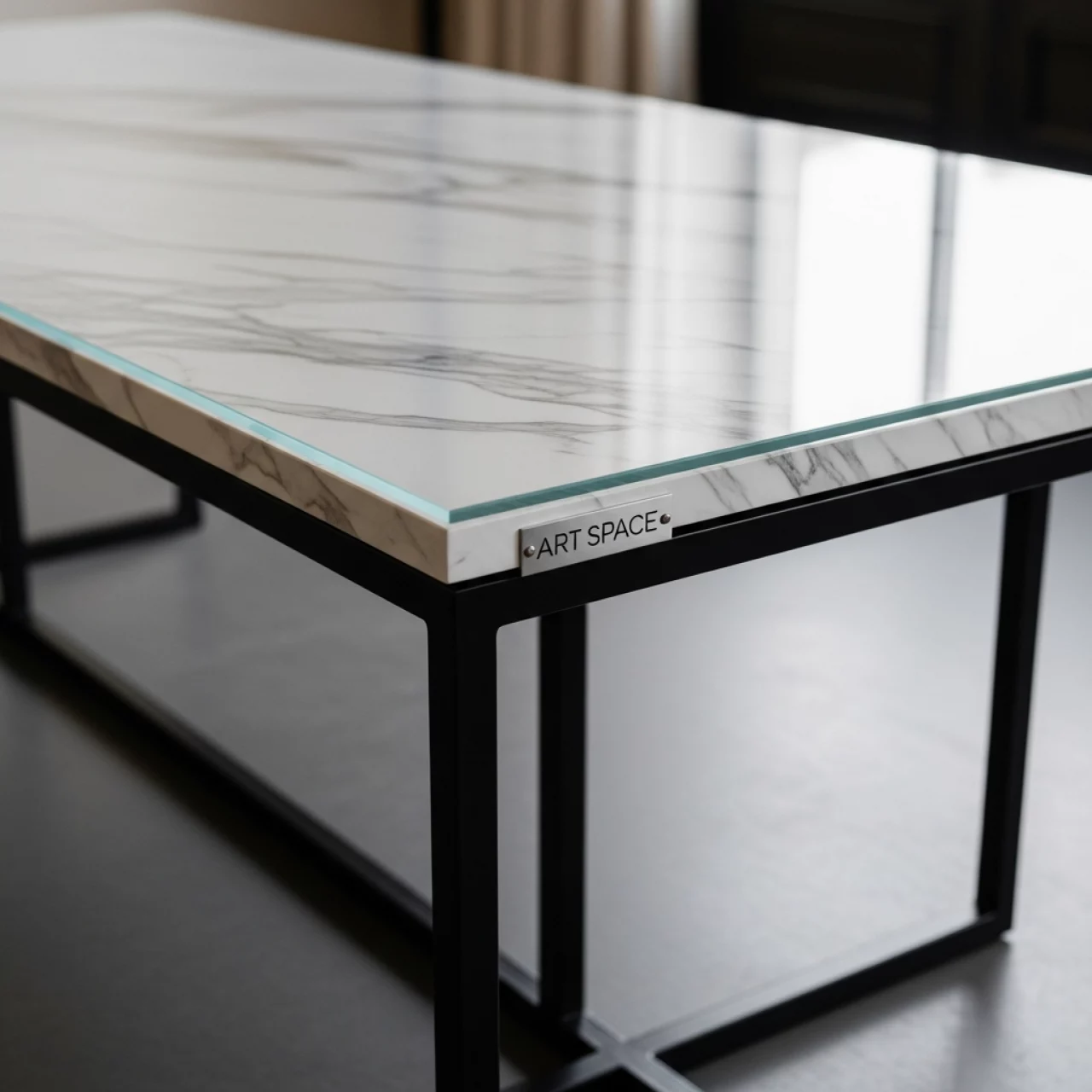 Аренда Стол Купер 160 белый мрамор шагрень стекло черный каркас в Маринс Парк Отеле — ART SPACE