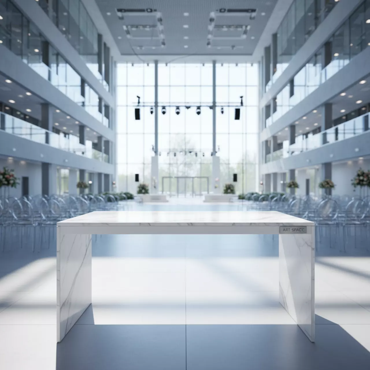 Аренда Стол Лидер 1 1200х600 мм под мрамор белый кромка ПВХ в ледовом дворце «Большой» — ART SPACE